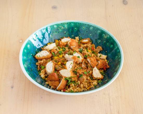Crispy Chicken Cous Cous — chicken, cous cous, peppers, corn and feta